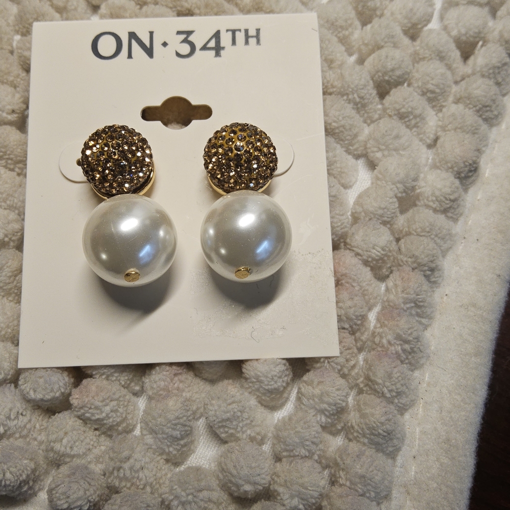 NWT ON 34TH Goldtone and White Pave Fireball and Imitation Pearl Drop Earrings - Picture 4 of 4
